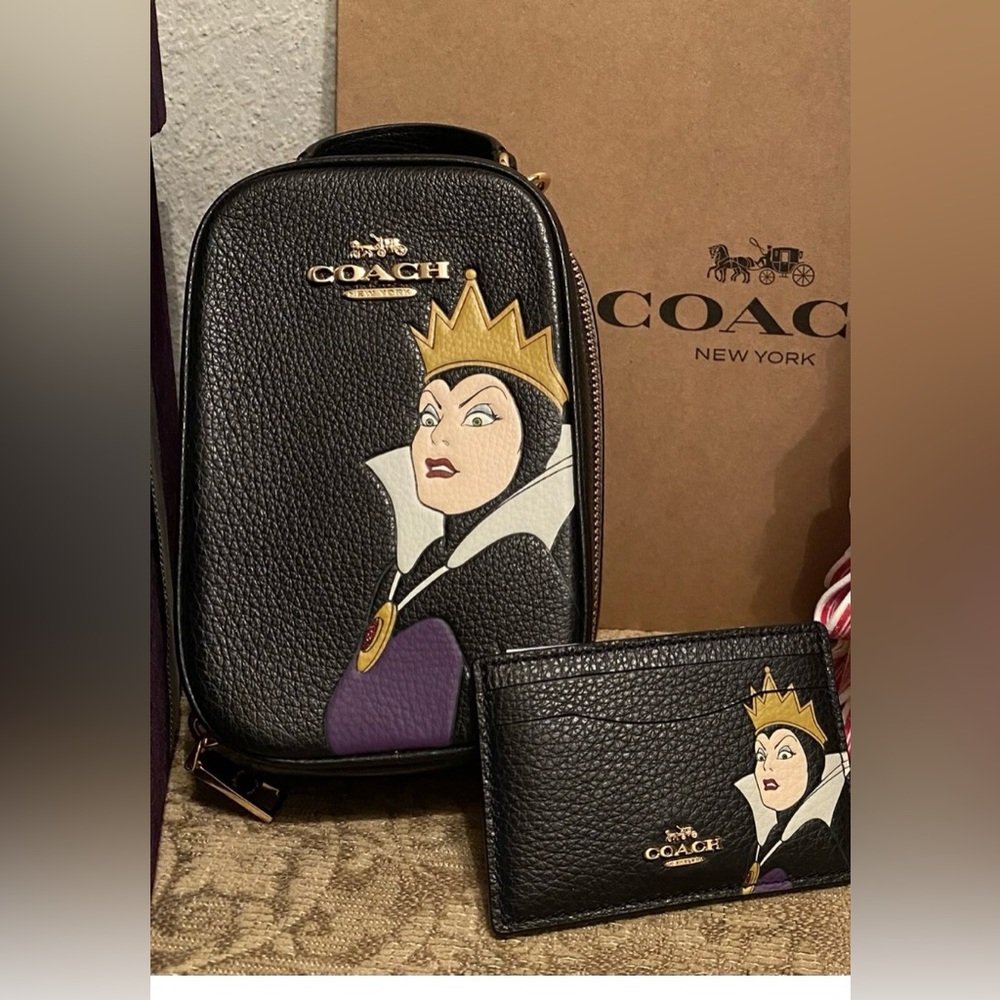 Disney X Coach Eva Phone Crossbody & Card Holder With Evil Queen Motif NWT.
